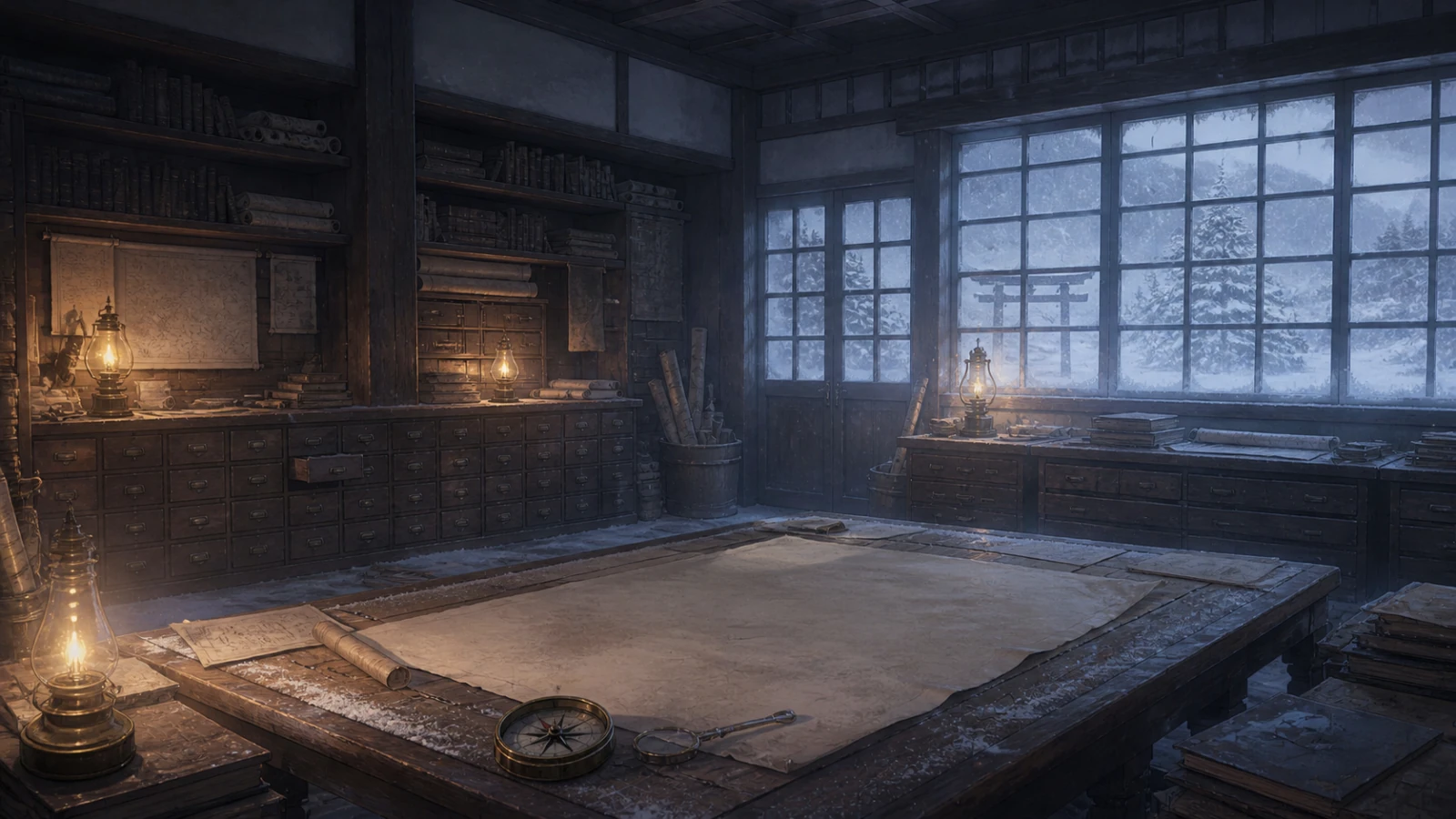 Empty rural map archive with blank maps, a brass compass, and frosted windows.