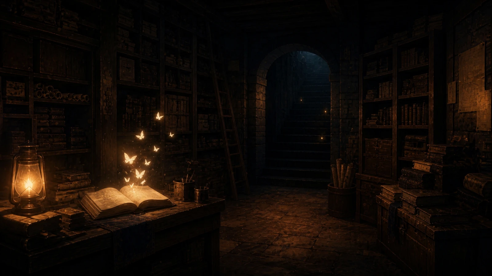 Empty hidden archive with an indigo book and luminous ink moths above a desk.