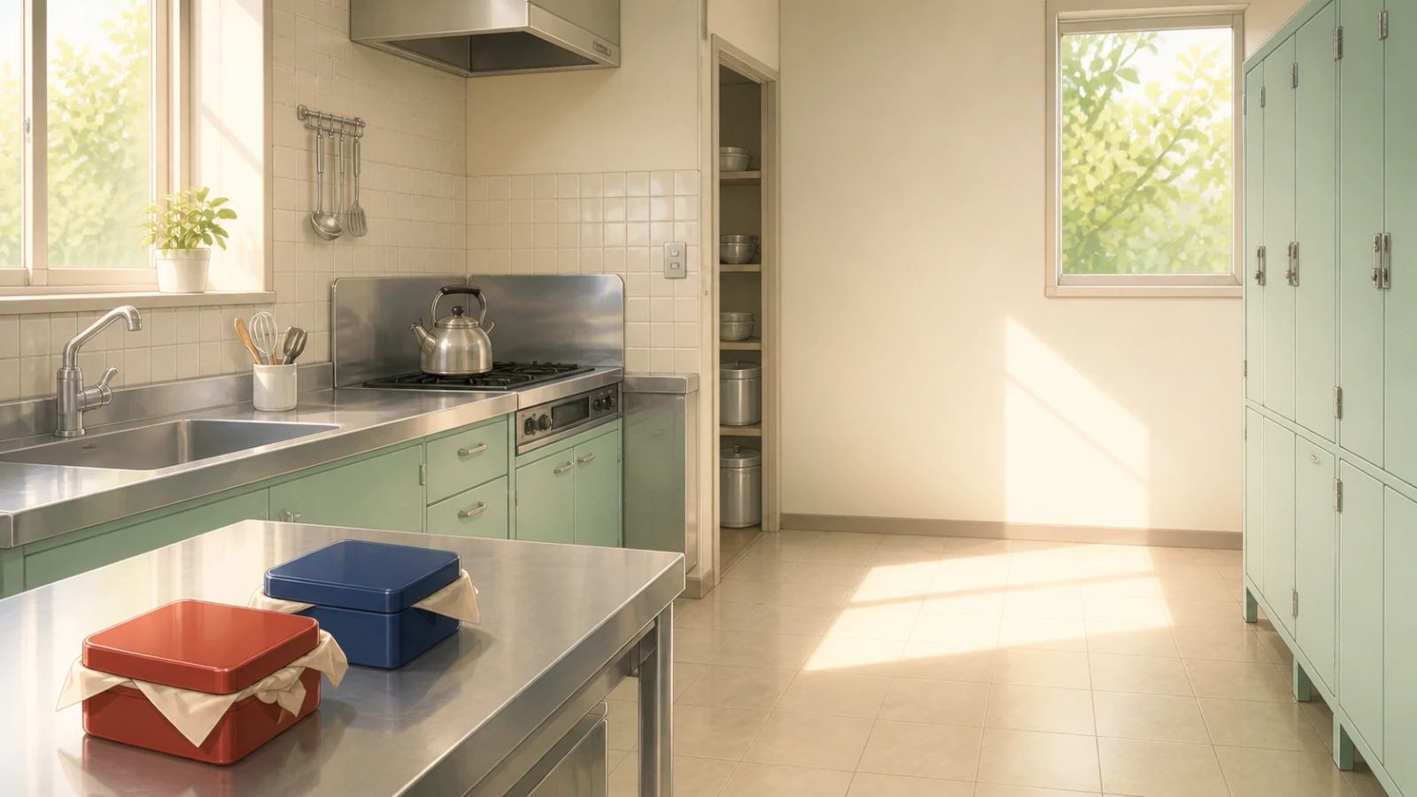 Empty community kitchen at sunrise with two packed bento boxes on a counter.