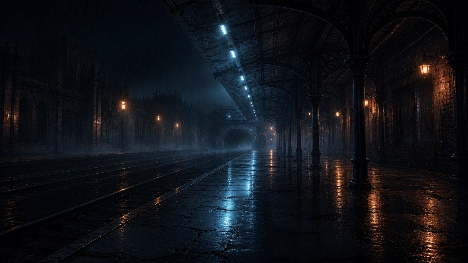 Rainy abandoned midnight platform with a rusted canopy, puddles, and empty foggy tracks.