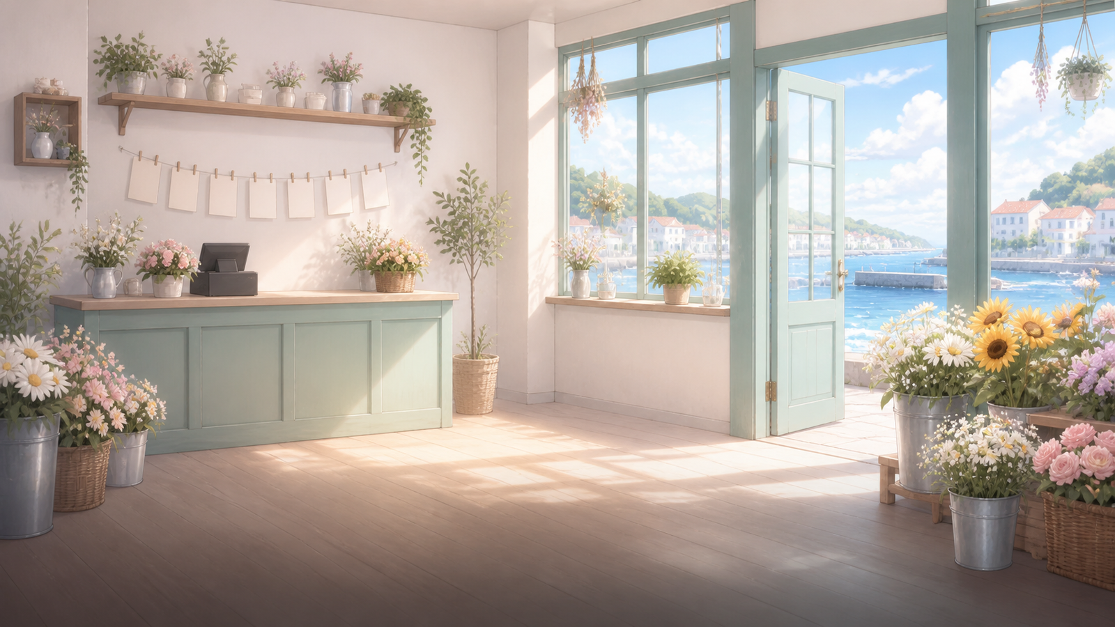 Bright empty flower shop with harbor light and postcards above the register.