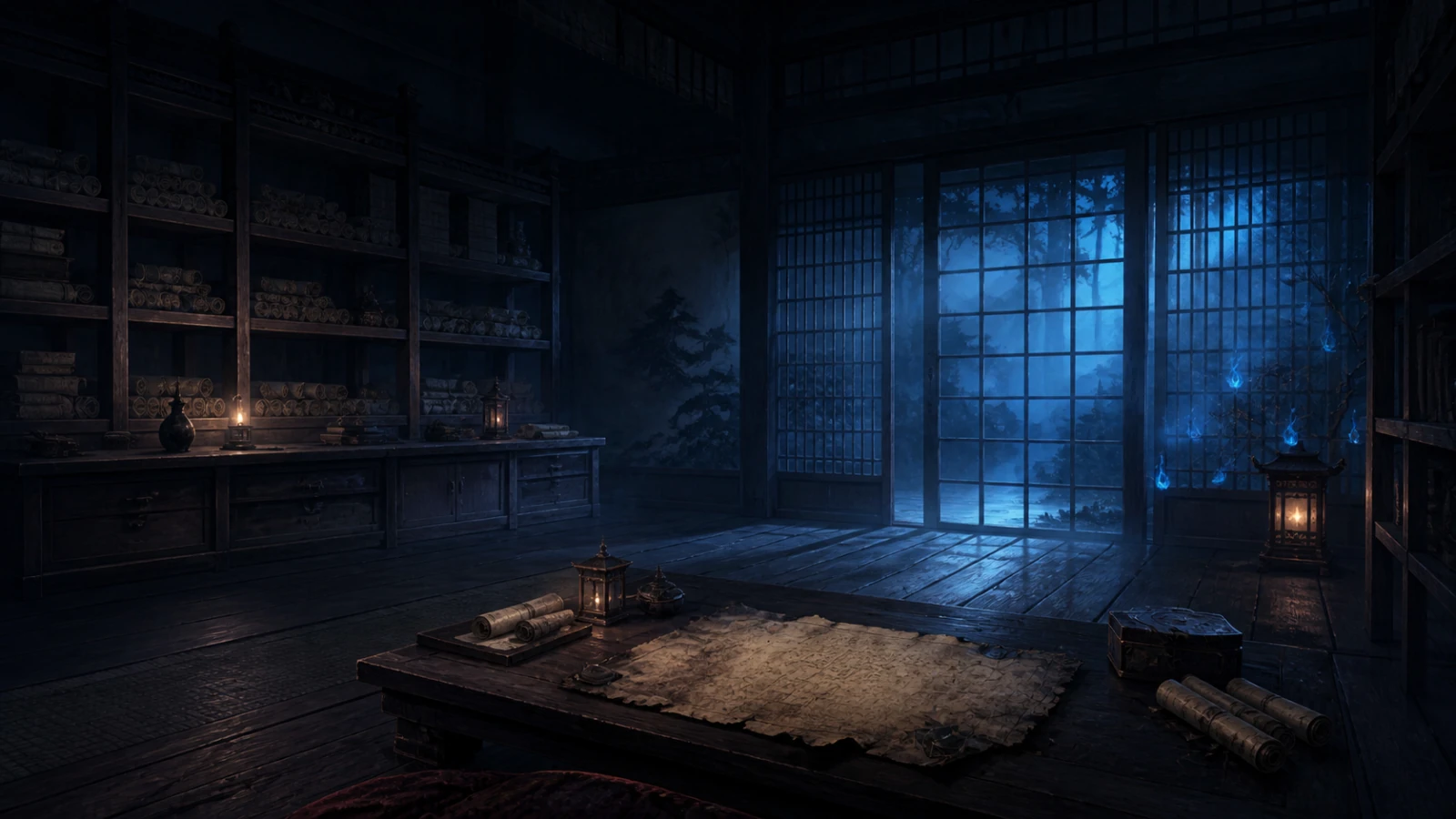 Empty shrine archive room with a scorched parchment and blue foxfire glow.